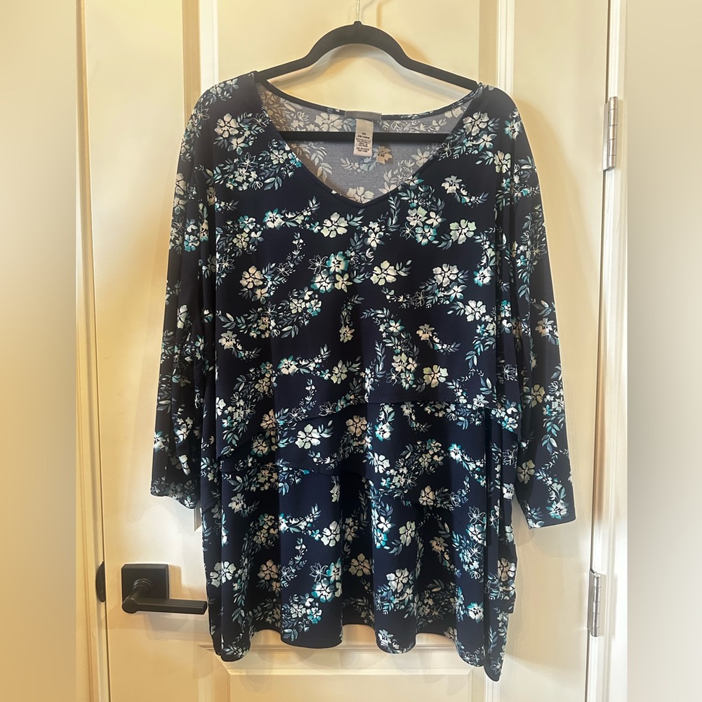 Catherines Floral V-Neck Tiered Blouse - Navy and White
